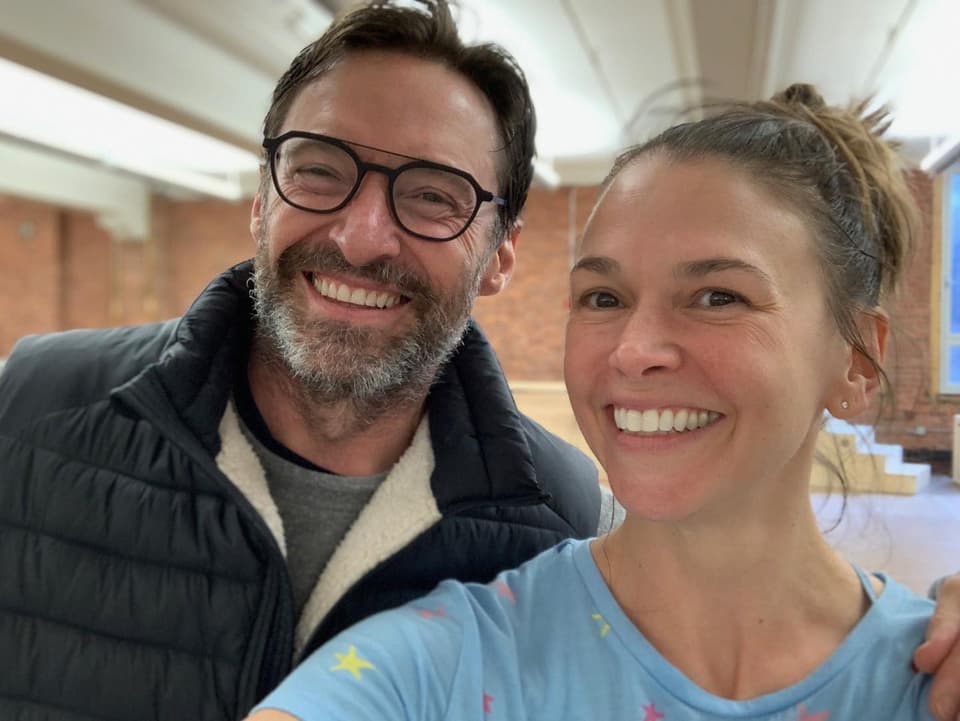 10682651 - Hugh Jackman and Sutton Foster arrive for their matinee performance of 'Music Man' in New York City