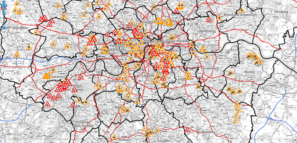 Map of London's register of roadworks