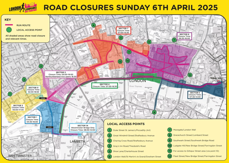 Map showing London Landmarks Half Marathon road closures